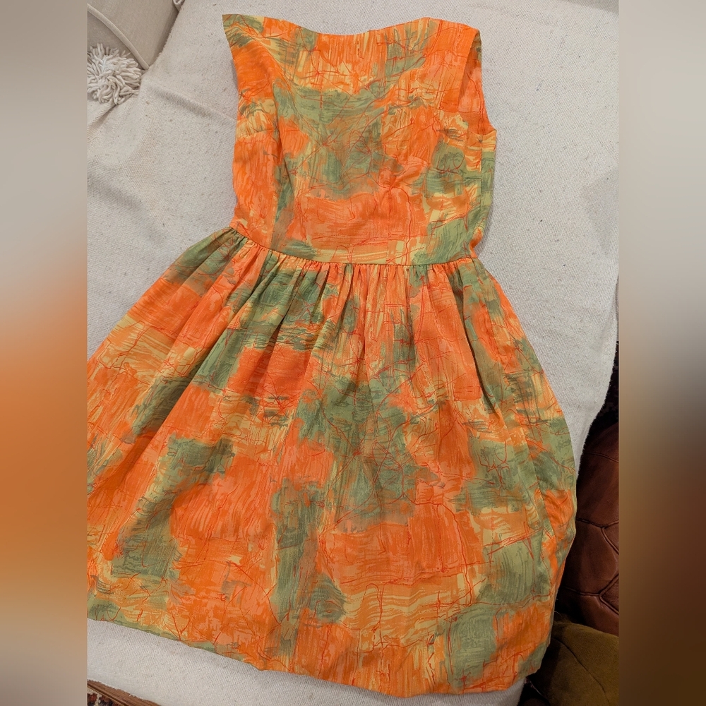 Vintage 1960's Orange and Green Sleeveless Dress EUC